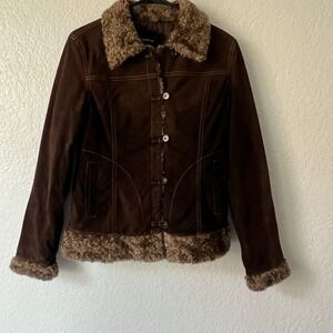 Vintage 90s Y2K Leather Jacket Brown Faux Fur Medium Dark Academia Whimsigoth